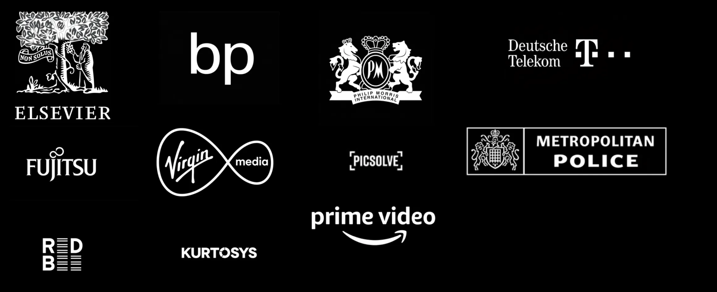 Client logos: Elsevier, bp, Philip Morris International, Deutsche Telekom, Fujitsu, Virgin Media, Picsolve, Metropolitan Police, RedBee, Kurtosys, Prime Video